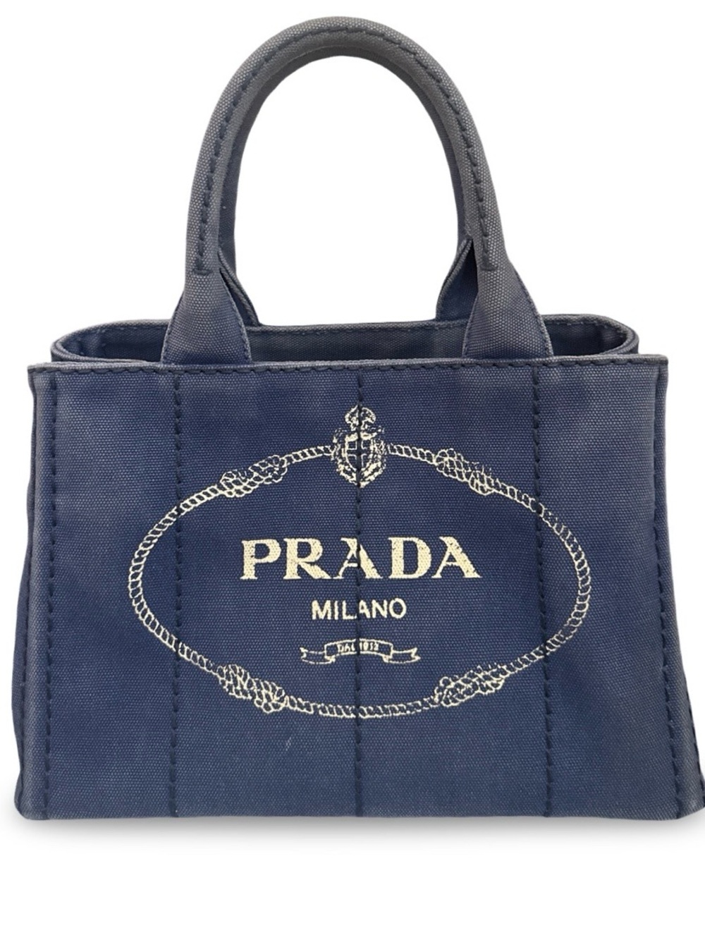 Prada Canapa Mini Tote Bag Blue Canvas Gold Hardware Striped Lining Crossbody